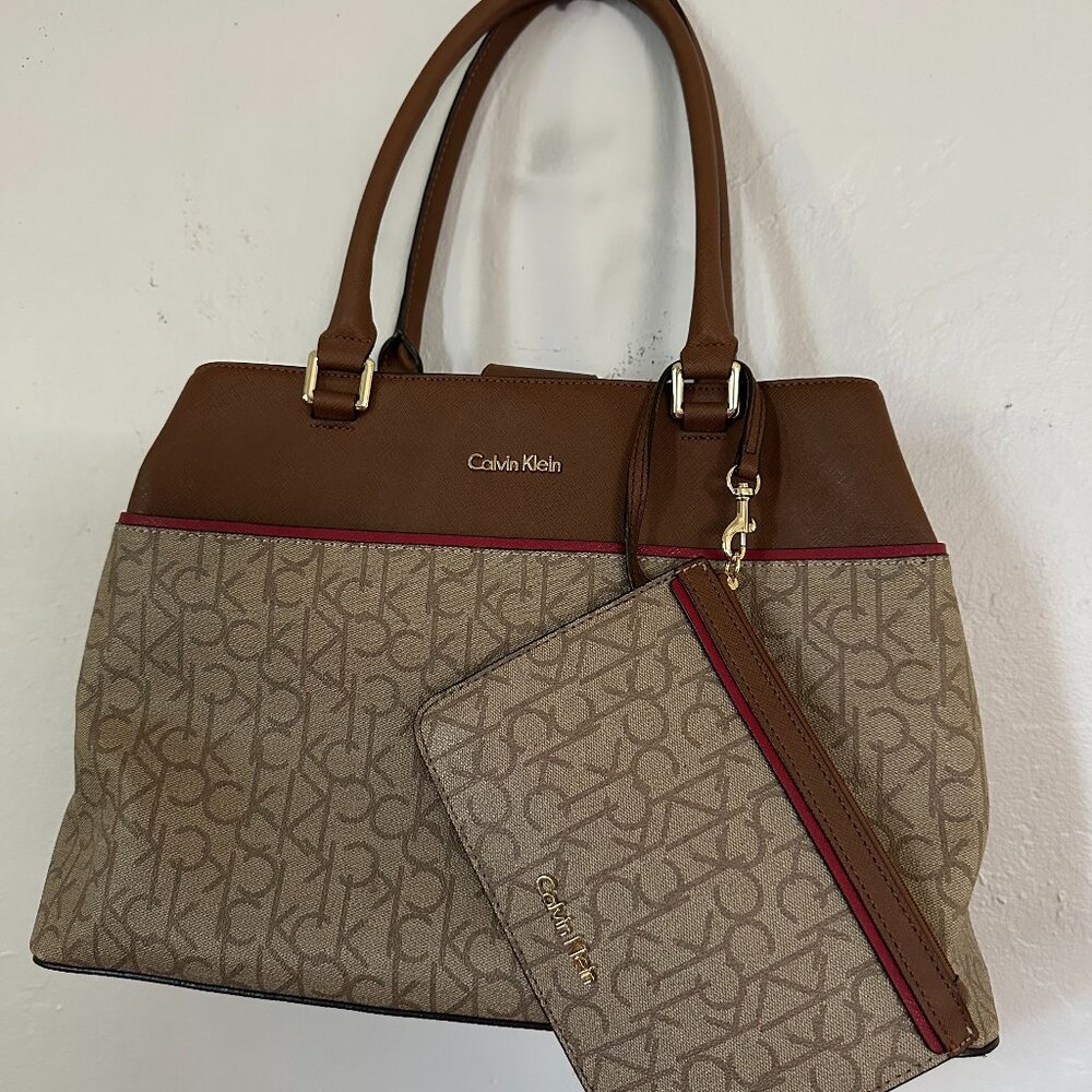 Elegant Brown Calvin Klein Satchel Tote Bag – Stylish & Durable